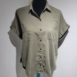 Lucky Brand Women's Cotton Short Sleeve Button Down Blouse Small Green Normcore